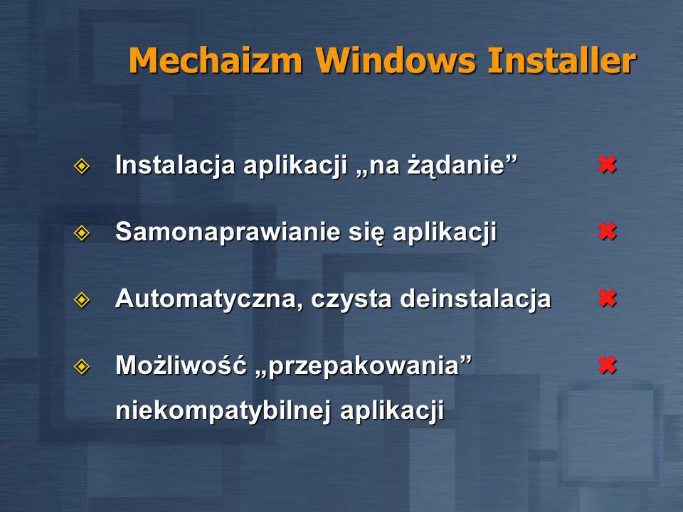 Mechaizm Windows Installer Instalacja aplikacji na żądanie Instalacja aplikacji na żądanie Samonaprawianie się aplikacji Samonaprawianie się aplikacji Automatyczna, czysta deinstalacja Automatyczna, czysta deinstalacja Możliwość przepakowania niekompatybilnej aplikacji Możliwość przepakowania niekompatybilnej aplikacji