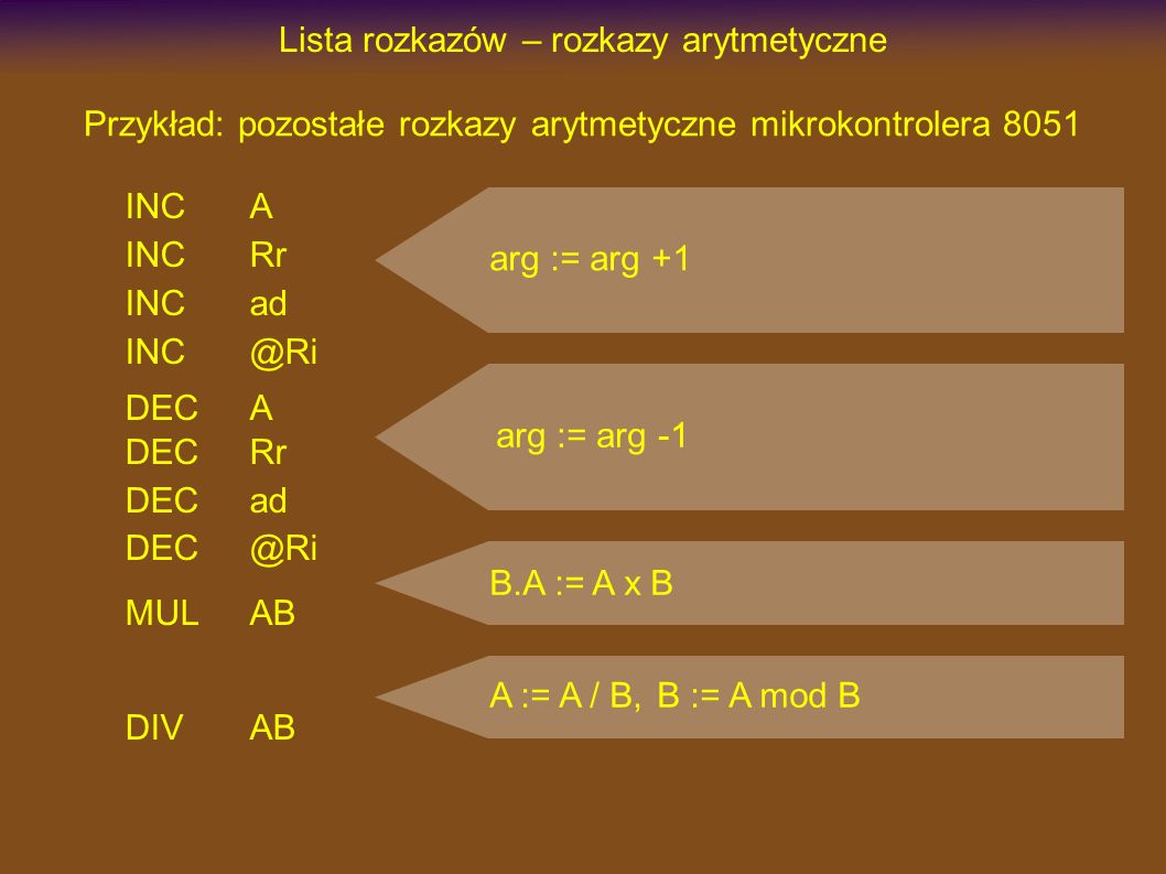 Lista rozkazów – rozkazy arytmetyczne INCA INCRr INCad DECA DECRr DECad MULAB DIVAB Przykład: pozostałe rozkazy arytmetyczne mikrokontrolera 8051 arg := arg +1 arg := arg -1 B.A := A x B A := A / B,B := A mod B