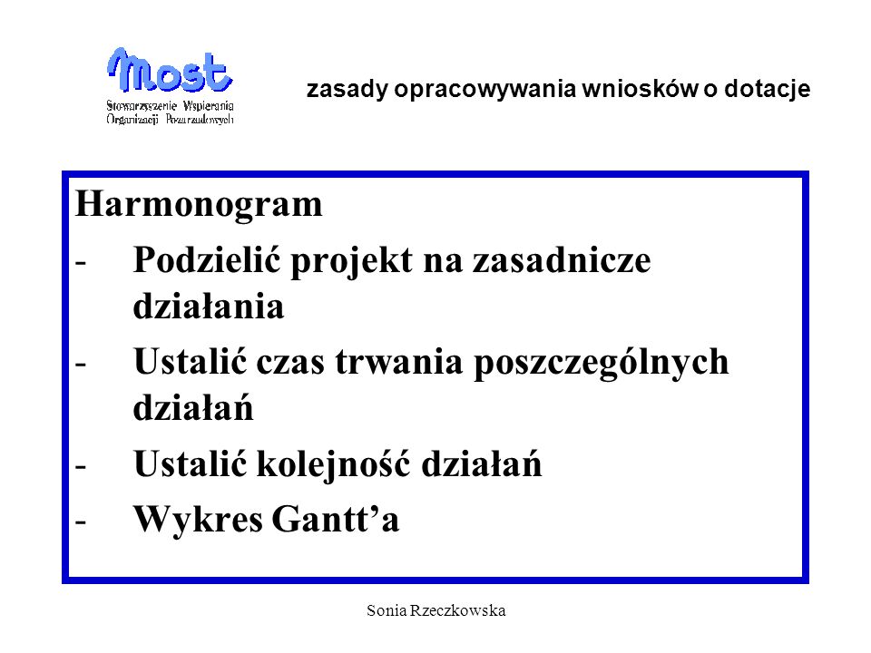 Sonia Rzeczkowska Harmonogram -Podzielić projekt na zasadnicze działania -Ustalić czas trwania poszczególnych działań -Ustalić kolejność działań -Wykres Gantta zasady opracowywania wniosków o dotacje