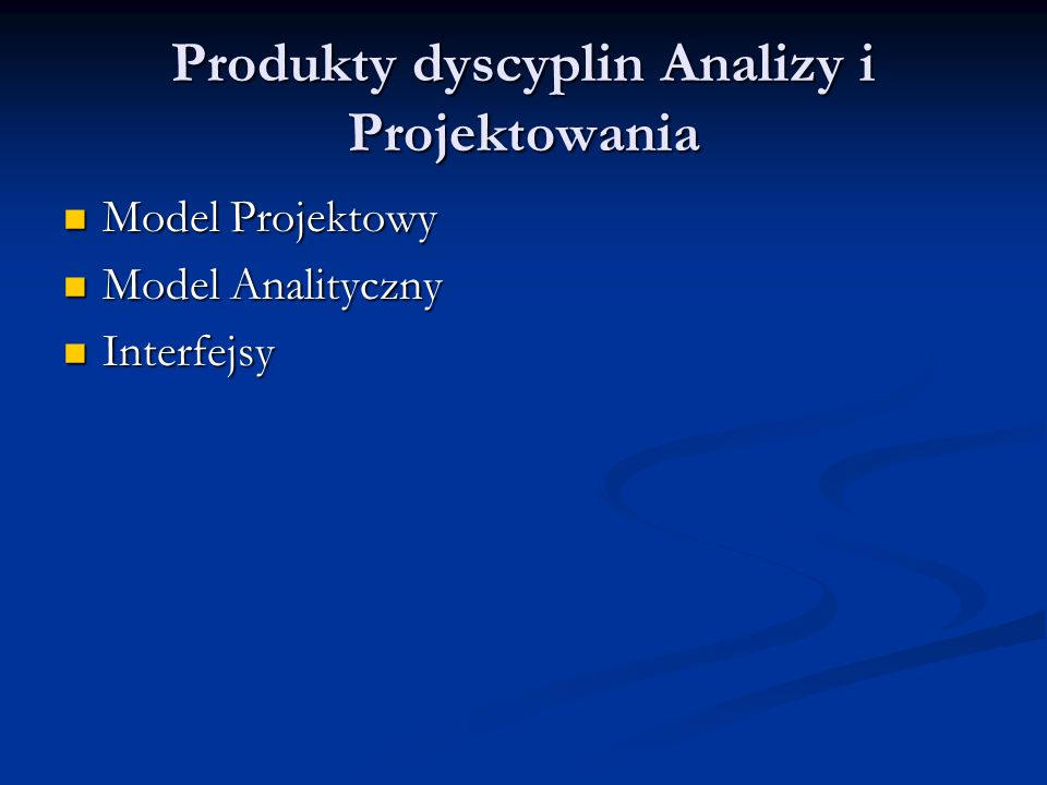 Produkty dyscyplin Analizy i Projektowania Model Projektowy Model Projektowy Model Analityczny Model Analityczny Interfejsy Interfejsy