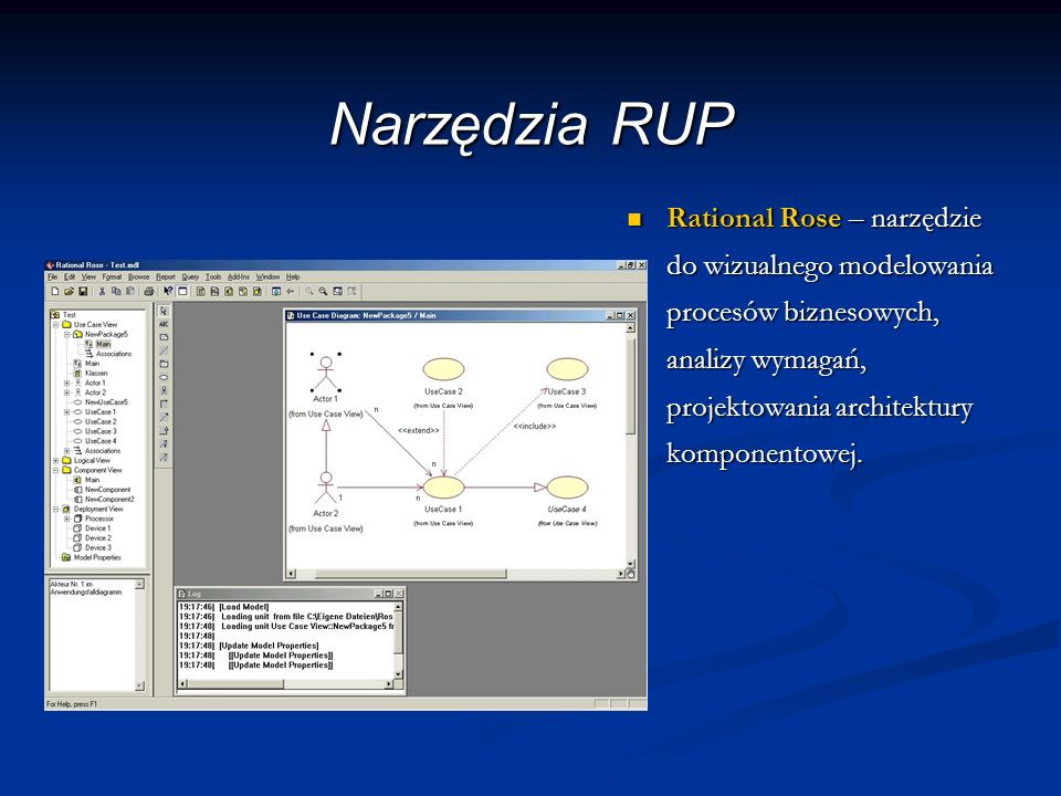 Narzędzia RUP Rational Rose – narzędzie do wizualnego modelowania procesów biznesowych, analizy wymagań, projektowania architektury komponentowej.