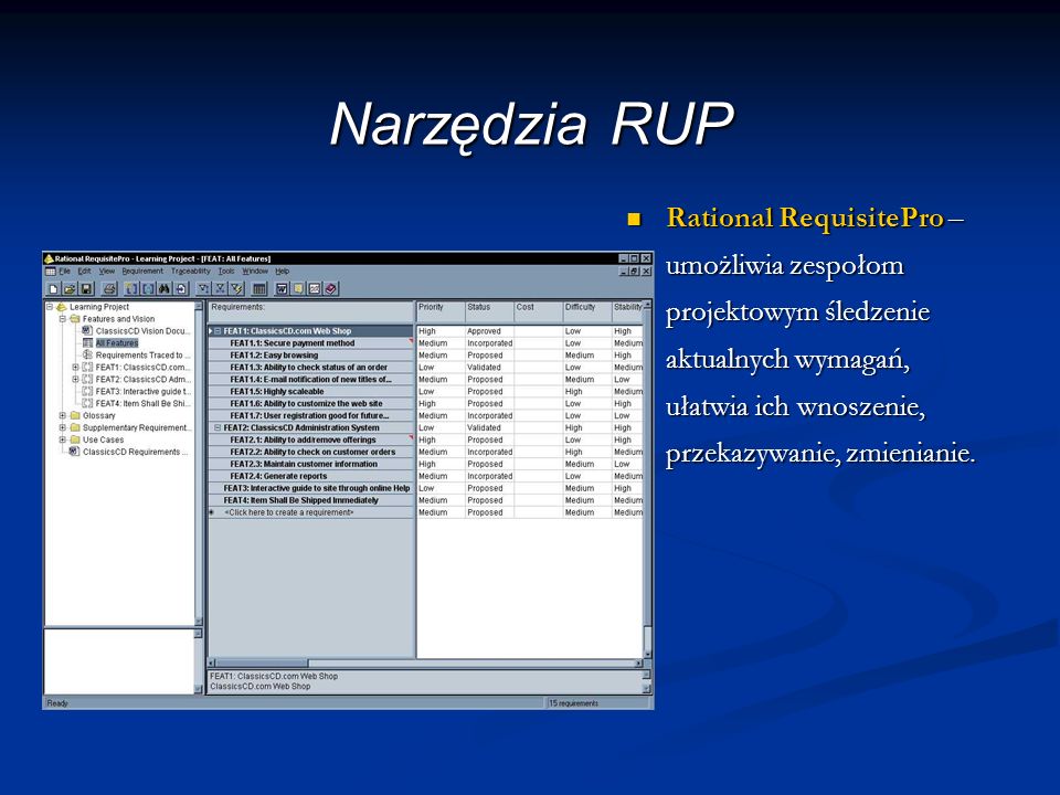 Narzędzia RUP Rational RequisitePro – umożliwia zespołom projektowym śledzenie aktualnych wymagań, ułatwia ich wnoszenie, przekazywanie, zmienianie.