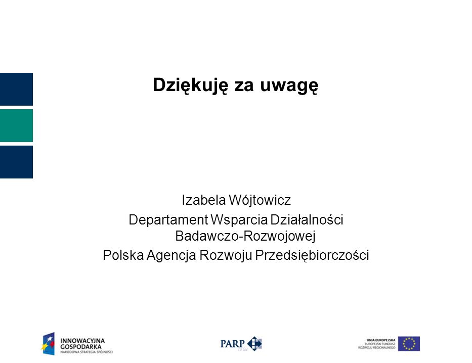 Dziękuję za uwagę Izabela Wójtowicz Departament Wsparcia Działalności Badawczo-Rozwojowej Polska Agencja Rozwoju Przedsiębiorczości