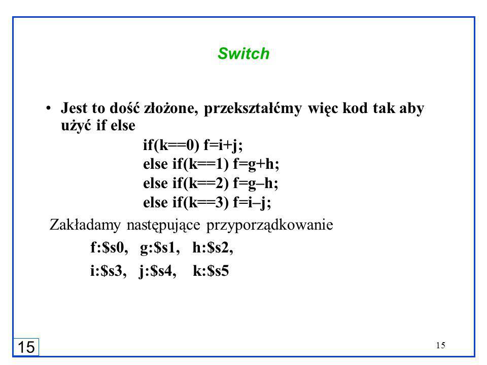 15 Switch Jest to dość złożone, przekształćmy więc kod tak aby użyć if else if(k==0) f=i+j; else if(k==1) f=g+h; else if(k==2) f=g–h; else if(k==3) f=i–j; Zakładamy następujące przyporządkowanie f:$s0, g:$s1, h:$s2, i:$s3, j:$s4, k:$s5