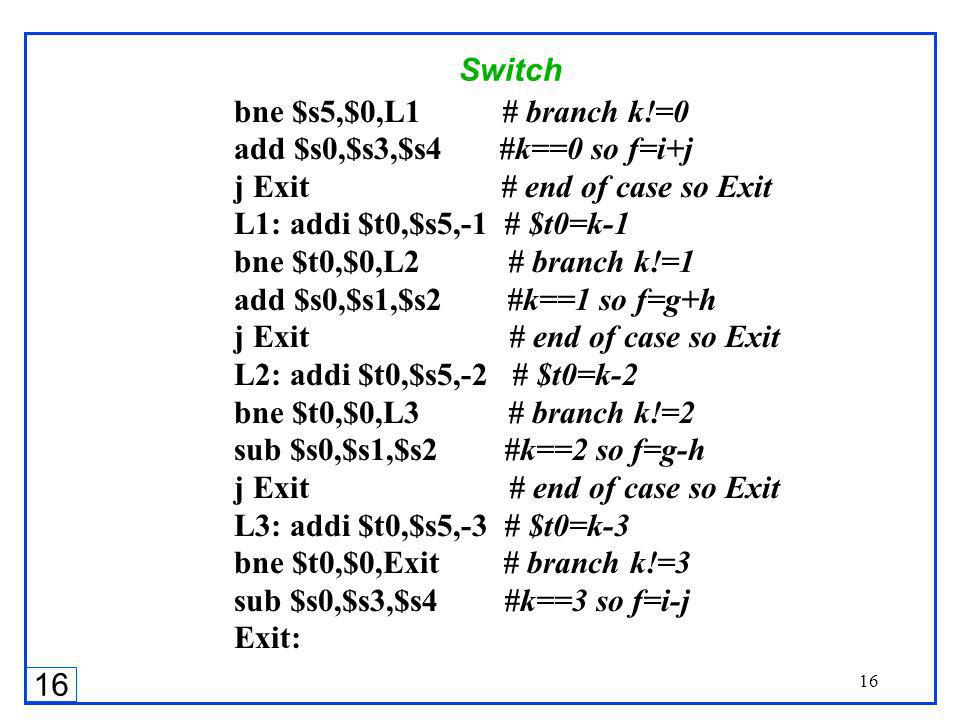 16 Switch bne $s5,$0,L1 # branch k!=0 add $s0,$s3,$s4 #k==0 so f=i+j j Exit # end of case so Exit L1: addi $t0,$s5,-1 # $t0=k-1 bne $t0,$0,L2 # branch k!=1 add $s0,$s1,$s2 #k==1 so f=g+h j Exit # end of case so Exit L2: addi $t0,$s5,-2 # $t0=k-2 bne $t0,$0,L3 # branch k!=2 sub $s0,$s1,$s2 #k==2 so f=g-h j Exit # end of case so Exit L3: addi $t0,$s5,-3 # $t0=k-3 bne $t0,$0,Exit # branch k!=3 sub $s0,$s3,$s4 #k==3 so f=i-j Exit: