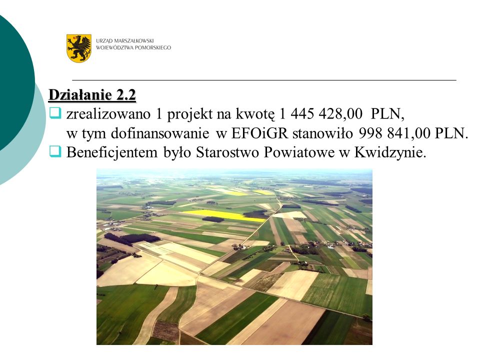 Działanie 2.2 zrealizowano 1 projekt na kwotę ,00 PLN, w tym dofinansowanie w EFOiGR stanowiło ,00 PLN.