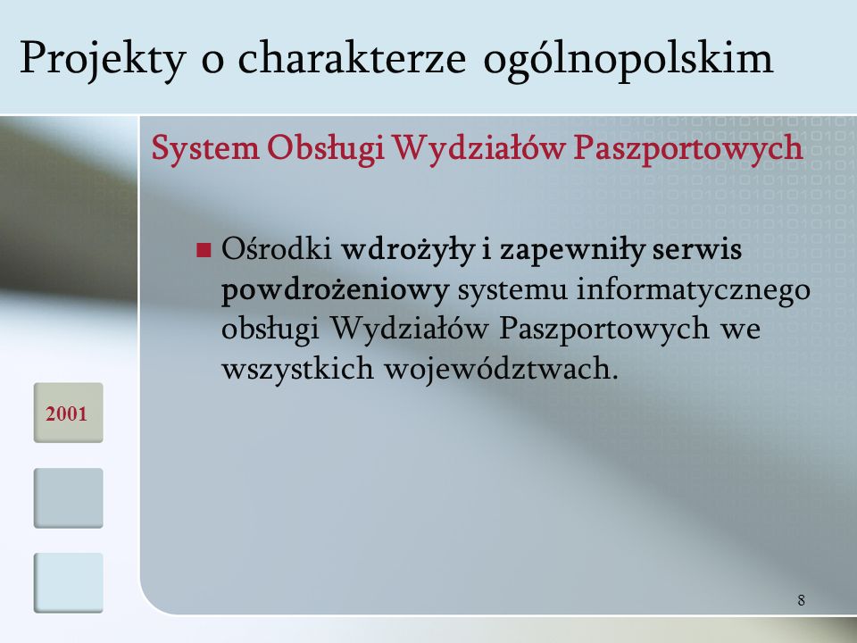 8 System Obsługi Wydziałów Paszportowych Ośrodki wdrożyły i zapewniły serwis powdrożeniowy systemu informatycznego obsługi Wydziałów Paszportowych we wszystkich województwach.