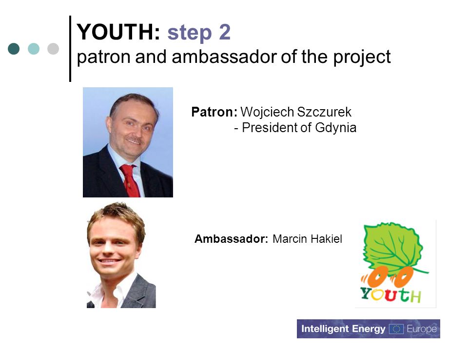 YOUTH: step 2 patron and ambassador of the project Patron: Wojciech Szczurek - President of Gdynia Ambassador: Marcin Hakiel