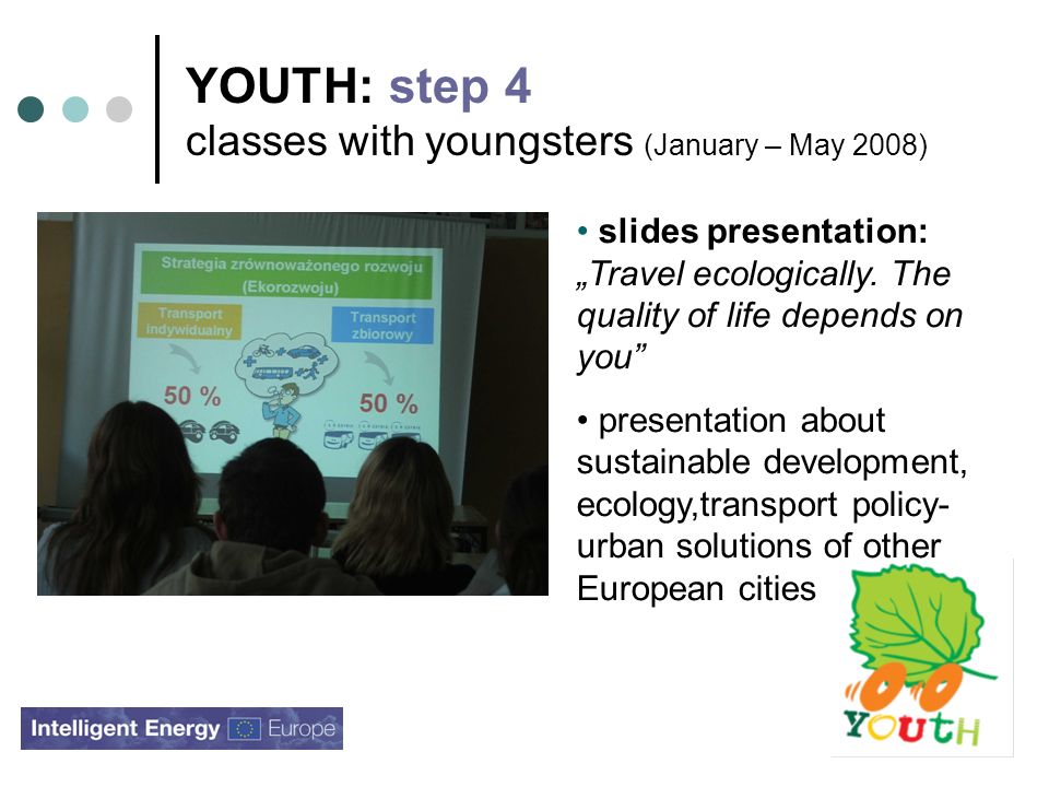 YOUTH: step 4 classes with youngsters (January – May 2008) slides presentation: Travel ecologically.