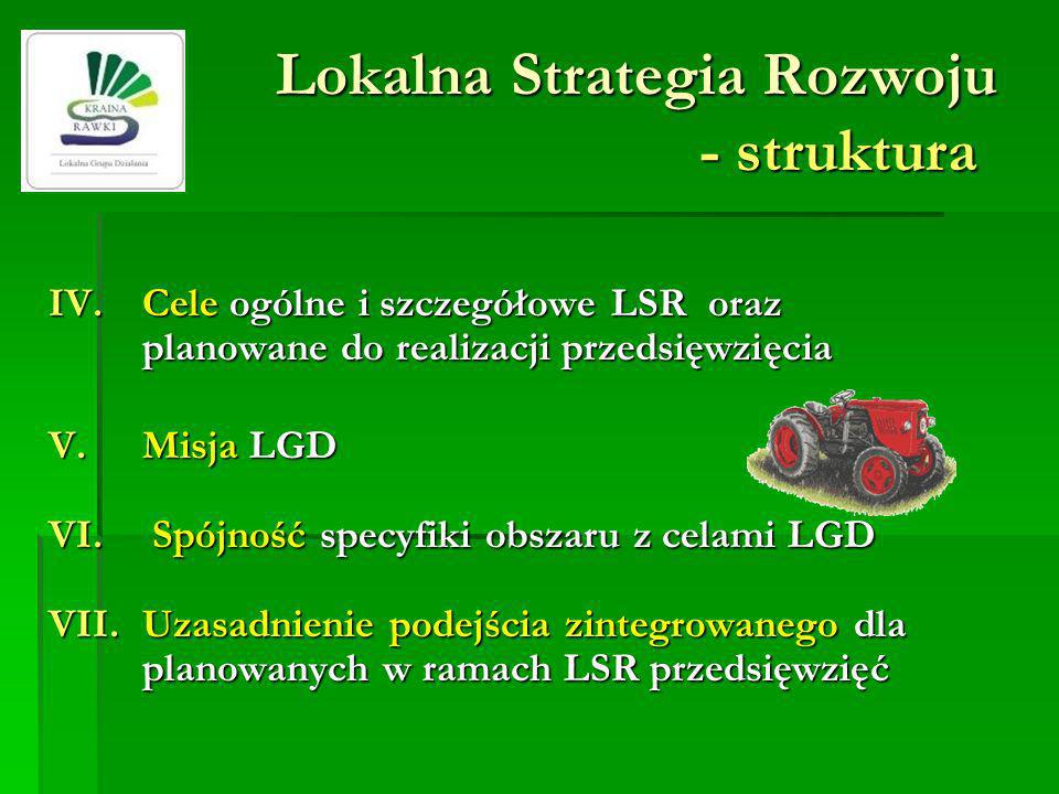 Lokalna Strategia Rozwoju - struktura IV.Cele ogólne i szczegółowe LSR oraz planowane do realizacji przedsięwzięcia V.Misja LGD VI.