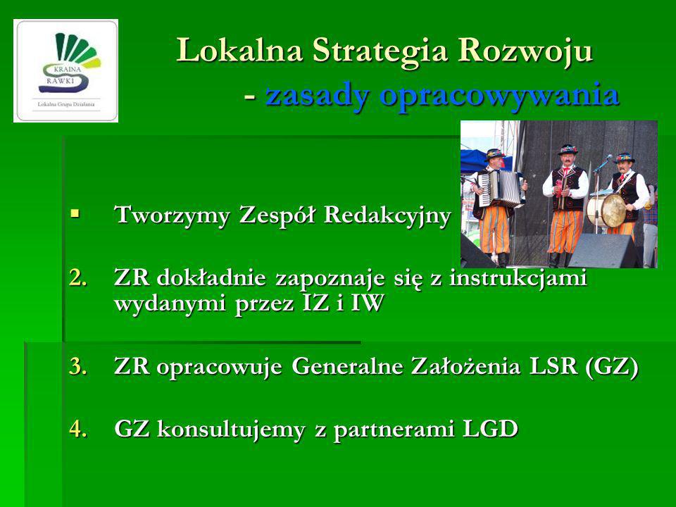 Lokalna Strategia Rozwoju - zasady opracowywania Tworzymy Zespół Redakcyjny (ZR) Tworzymy Zespół Redakcyjny (ZR) 2.ZR dokładnie zapoznaje się z instrukcjami wydanymi przez IZ i IW 3.ZR opracowuje Generalne Założenia LSR (GZ) 4.GZ konsultujemy z partnerami LGD