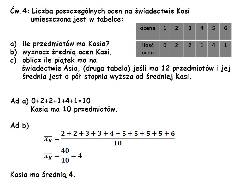Ćw.4: Liczba poszczególnych ocen na świadectwie Kasi umieszczona jest w tabelce: a)ile przedmiotów ma Kasia.