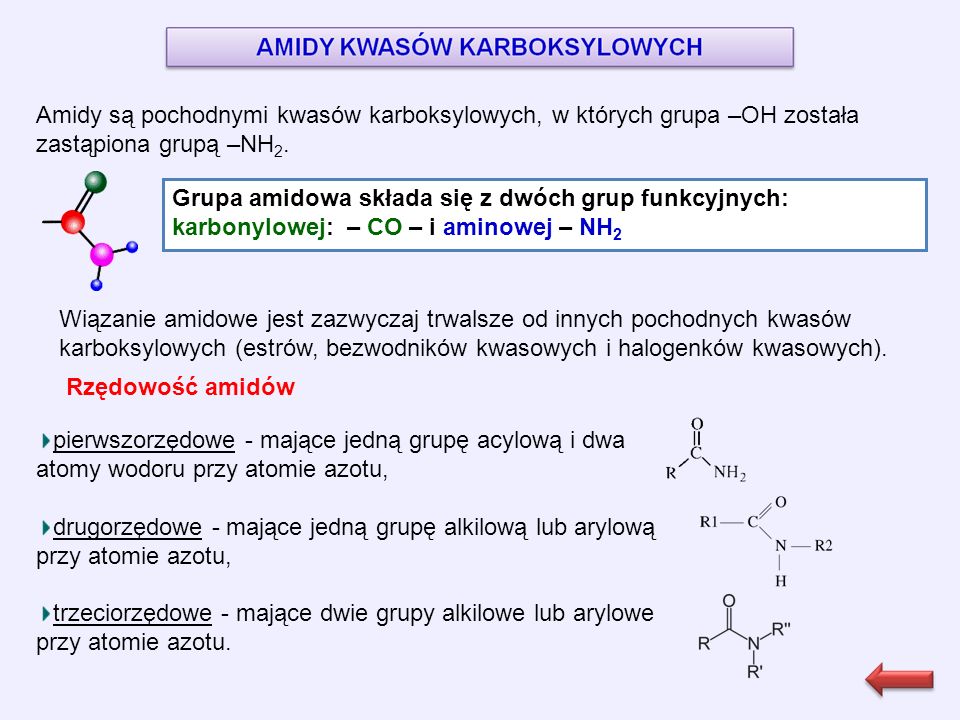 Amidy są pochodnymi kwasów karboksylowych, w których grupa –OH została zastąpiona grupą –NH 2.