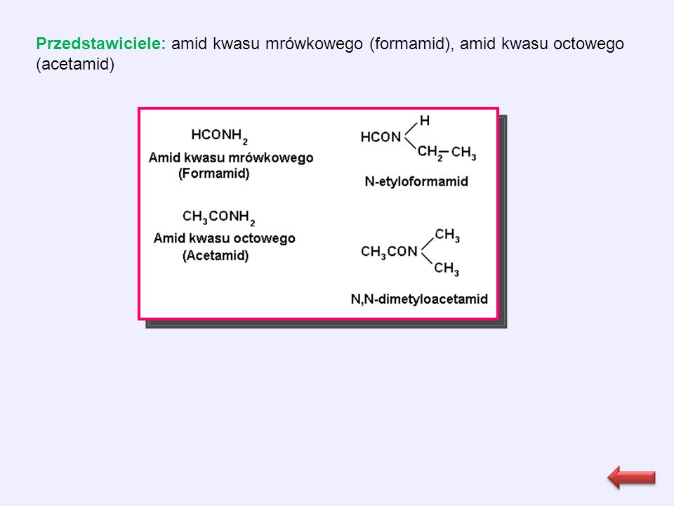 Przedstawiciele: amid kwasu mrówkowego (formamid), amid kwasu octowego (acetamid)