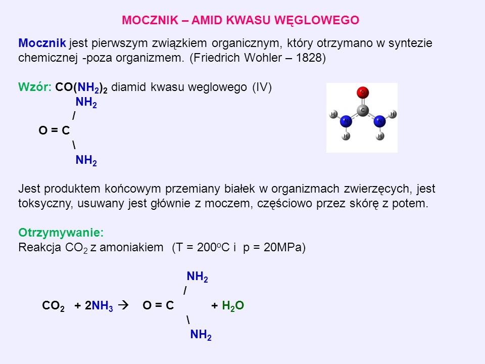 MOCZNIK – AMID KWASU WĘGLOWEGO Mocznik jest pierwszym związkiem organicznym, który otrzymano w syntezie chemicznej -poza organizmem.