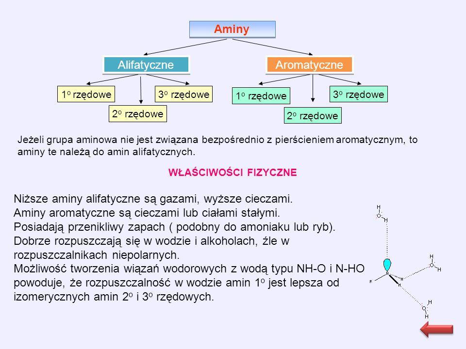 Aminy Alifatyczne Aromatyczne 1 o rzędowe 2 o rzędowe 3 o rzędowe 1 o rzędowe 3 o rzędowe 2 o rzędowe Jeżeli grupa aminowa nie jest związana bezpośrednio z pierścieniem aromatycznym, to aminy te należą do amin alifatycznych.