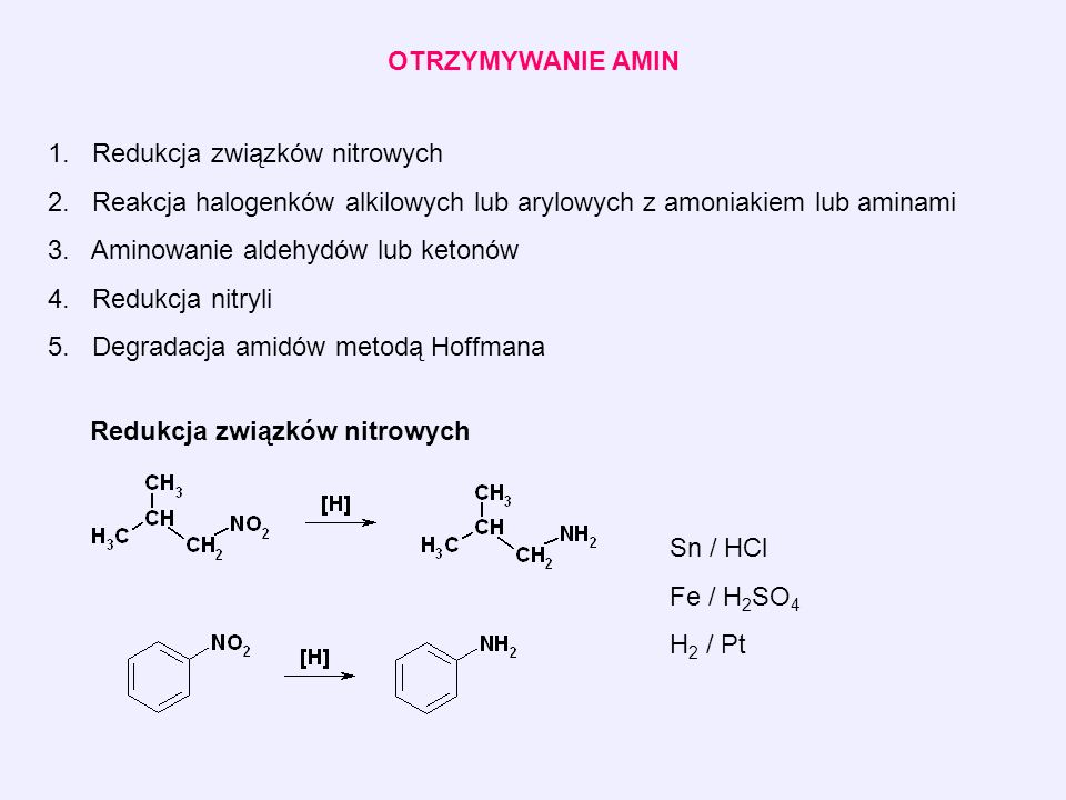 OTRZYMYWANIE AMIN 1. Redukcja związków nitrowych 2.