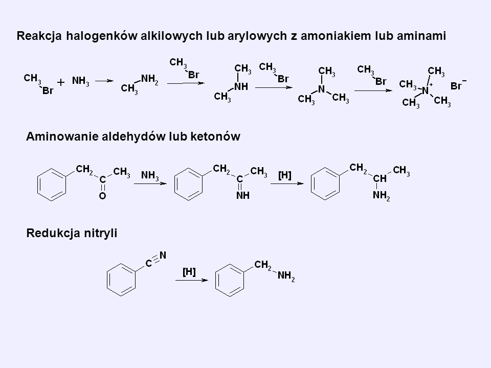 Reakcja halogenków alkilowych lub arylowych z amoniakiem lub aminami Aminowanie aldehydów lub ketonów Redukcja nitryli