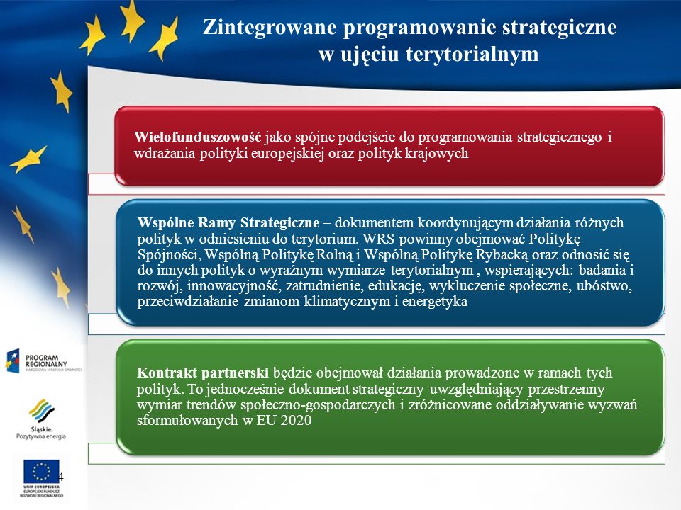 4 Zintegrowane programowanie strategiczne w ujęciu terytorialnym Wielofunduszowość jako spójne podejście do programowania strategicznego i wdrażania polityki europejskiej oraz polityk krajowych Wspólne Ramy Strategiczne – dokumentem koordynującym działania różnych polityk w odniesieniu do terytorium.