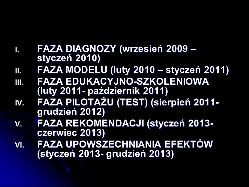 I. FAZA DIAGNOZY (wrzesień 2009 – styczeń 2010) II.