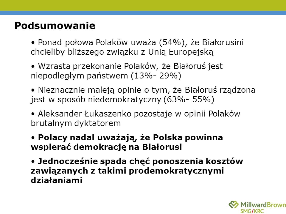 Podsumowanie Ponad połowa Polaków uważa (54%), że Białorusini chcieliby bliższego związku z Unią Europejską Wzrasta przekonanie Polaków, że Białoruś jest niepodległym państwem (13%- 29%) Nieznacznie maleją opinie o tym, że Białoruś rządzona jest w sposób niedemokratyczny (63%- 55%) Aleksander Łukaszenko pozostaje w opinii Polaków brutalnym dyktatorem Polacy nadal uważają, że Polska powinna wspierać demokrację na Białorusi Jednocześnie spada chęć ponoszenia kosztów zawiązanych z takimi prodemokratycznymi działaniami