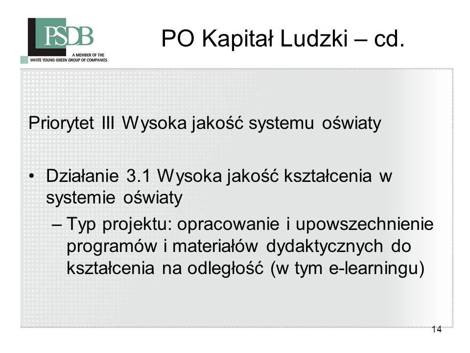 14 PO Kapitał Ludzki – cd.