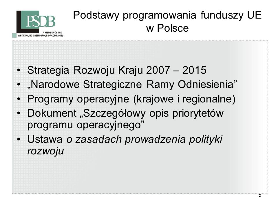 5 Podstawy programowania funduszy UE w Polsce Strategia Rozwoju Kraju 2007 – 2015 Narodowe Strategiczne Ramy Odniesienia Programy operacyjne (krajowe i regionalne) Dokument Szczegółowy opis priorytetów programu operacyjnego Ustawa o zasadach prowadzenia polityki rozwoju