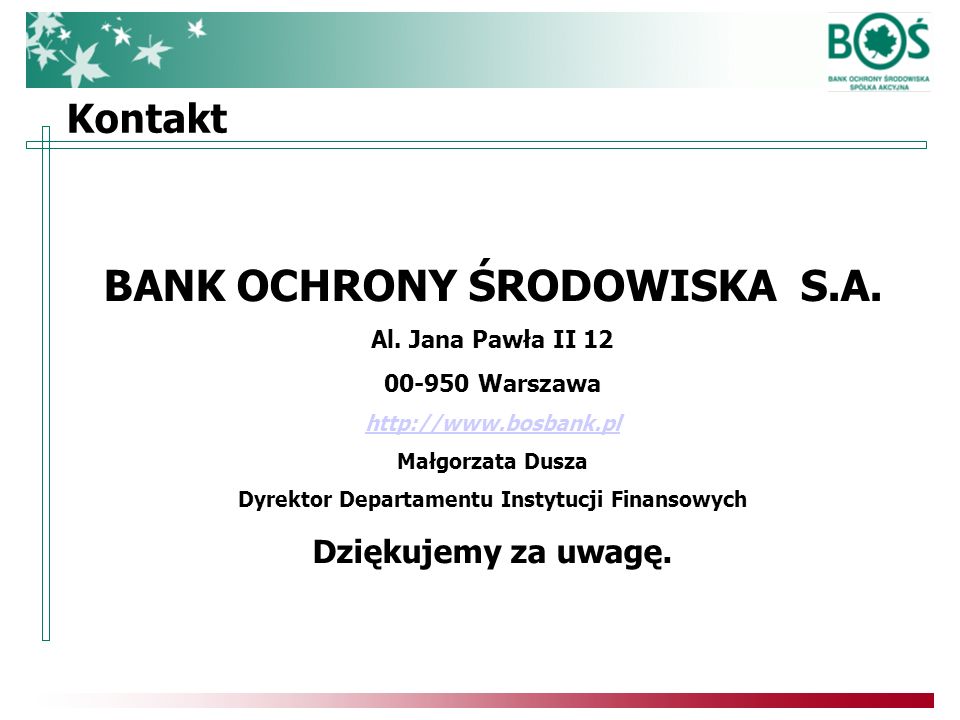 Kontakt BANK OCHRONY ŚRODOWISKA S.A. Al.