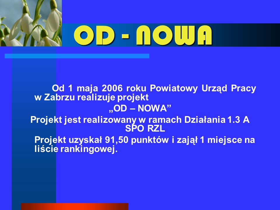 OD - NOWA Od 1 maja 2006 roku Powiatowy Urząd Pracy w Zabrzu realizuje projekt OD – NOWA Projekt jest realizowany w ramach Działania 1.3 A SPO RZL Projekt uzyskał 91,50 punktów i zajął 1 miejsce na liście rankingowej.