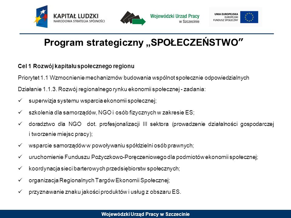 Wojewódzki Urząd Pracy w Szczecinie Program strategiczny SPOŁECZEŃSTWO Cel 1 Rozwój kapitału społecznego regionu Priorytet 1.1 Wzmocnienie mechanizmów budowania wspólnot społecznie odpowiedzialnych Działanie
