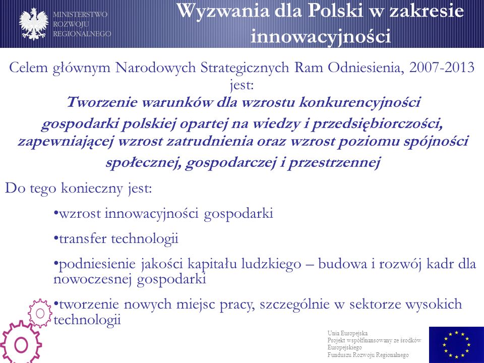 Wyzwania dla Polski w zakresie innowacyjności Celem głównym Narodowych Strategicznych Ram Odniesienia, jest: Tworzenie warunków dla wzrostu konkurencyjności gospodarki polskiej opartej na wiedzy i przedsiębiorczości, zapewniającej wzrost zatrudnienia oraz wzrost poziomu spójności społecznej, gospodarczej i przestrzennej Do tego konieczny jest: wzrost innowacyjności gospodarki transfer technologii podniesienie jakości kapitału ludzkiego – budowa i rozwój kadr dla nowoczesnej gospodarki tworzenie nowych miejsc pracy, szczególnie w sektorze wysokich technologii Unia Europejska Projekt współfinansowany ze środków Europejskiego Funduszu Rozwoju Regionalnego