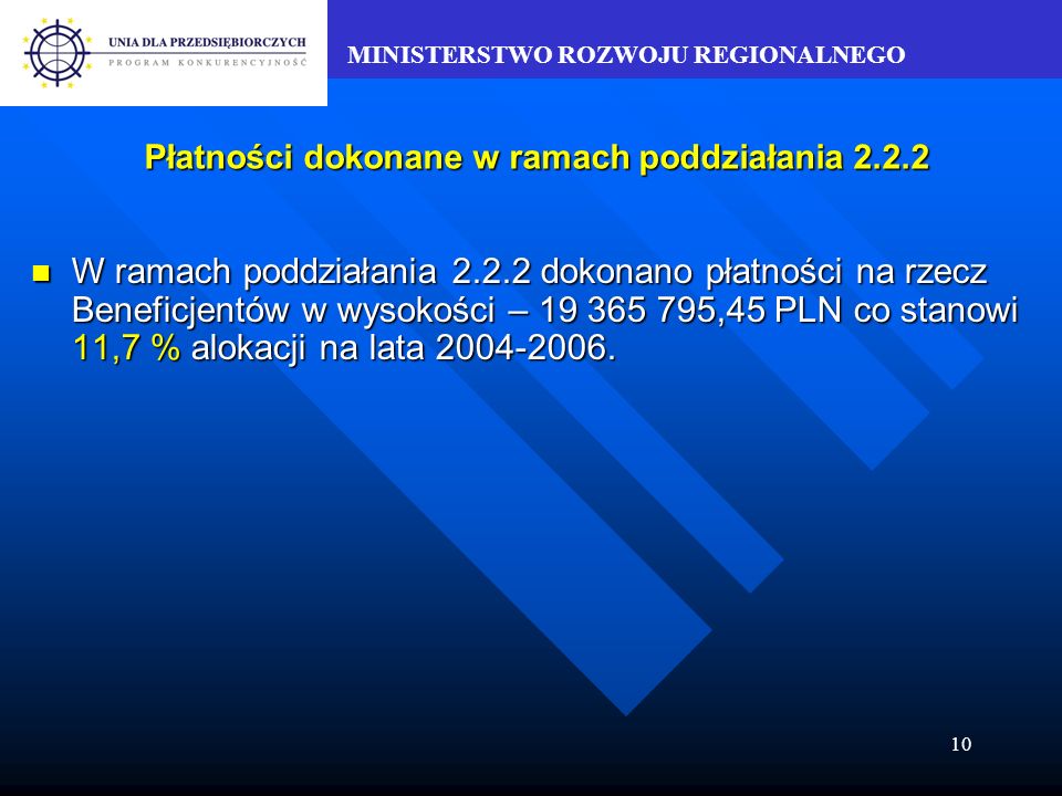 MINISTERSTWO ROZWOJU REGIONALNEGO 10 Płatności dokonane w ramach poddziałania W ramach poddziałania dokonano płatności na rzecz Beneficjentów w wysokości – ,45 PLN co stanowi 11,7 % alokacji na lata