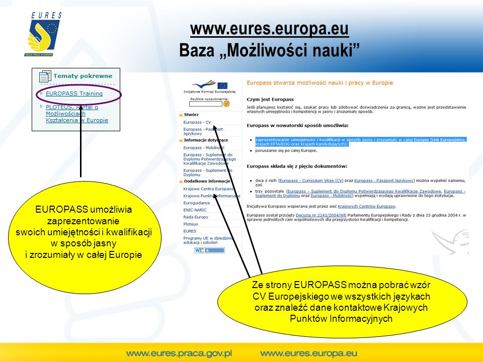 Baza Możliwości nauki EUROPASS umożliwia zaprezentowanie swoich umiejętności i kwalifikacji w sposób jasny i zrozumiały w całej Europie Ze strony EUROPASS można pobrać wzór CV Europejskiego we wszystkich językach oraz znaleźć dane kontaktowe Krajowych Punktów Informacyjnych
