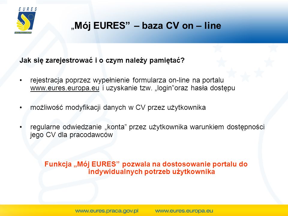Mój EURES – baza CV on – line Jak się zarejestrować i o czym należy pamiętać.