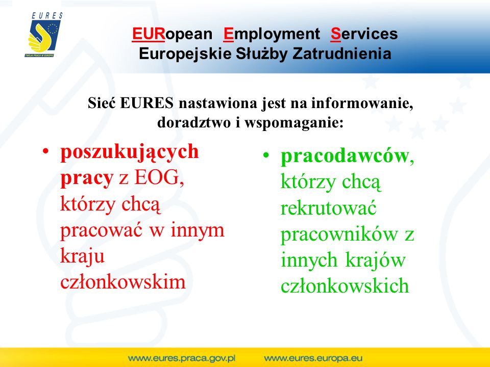 EURopean Employment Services Europejskie Służby Zatrudnienia poszukujących pracy z EOG, którzy chcą pracować w innym kraju członkowskim pracodawców, którzy chcą rekrutować pracowników z innych krajów członkowskich Sieć EURES nastawiona jest na informowanie, doradztwo i wspomaganie: