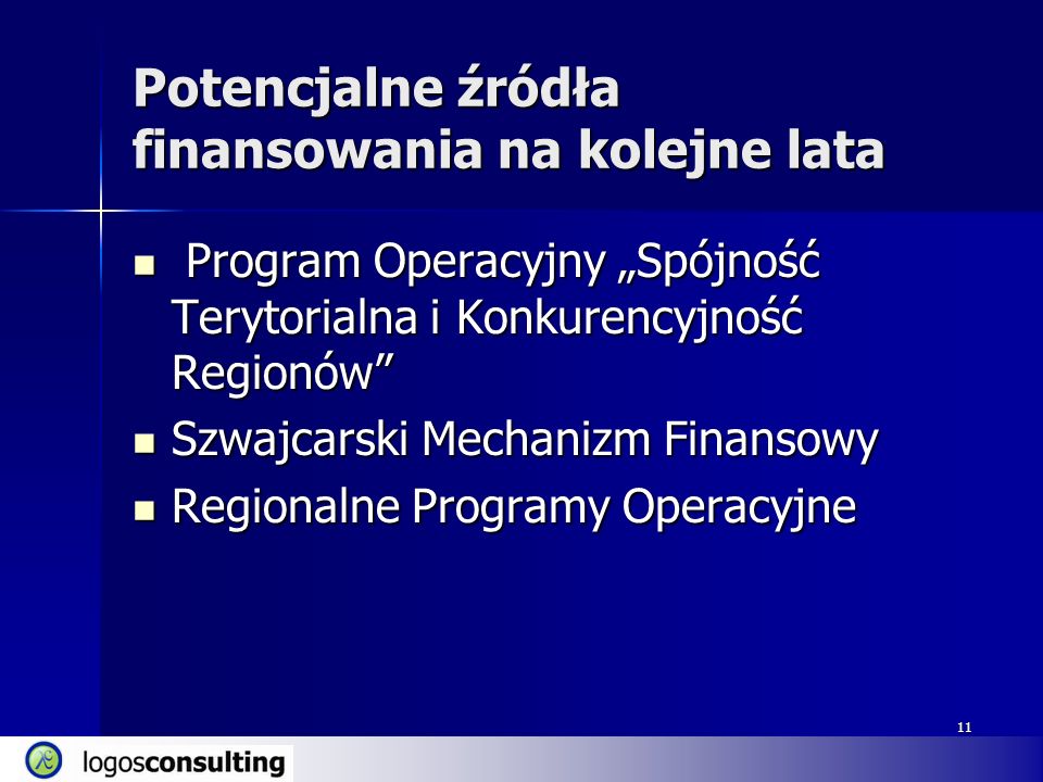 11 Potencjalne źródła finansowania na kolejne lata Program Operacyjny Spójność Terytorialna i Konkurencyjność Regionów Program Operacyjny Spójność Terytorialna i Konkurencyjność Regionów Szwajcarski Mechanizm Finansowy Szwajcarski Mechanizm Finansowy Regionalne Programy Operacyjne Regionalne Programy Operacyjne