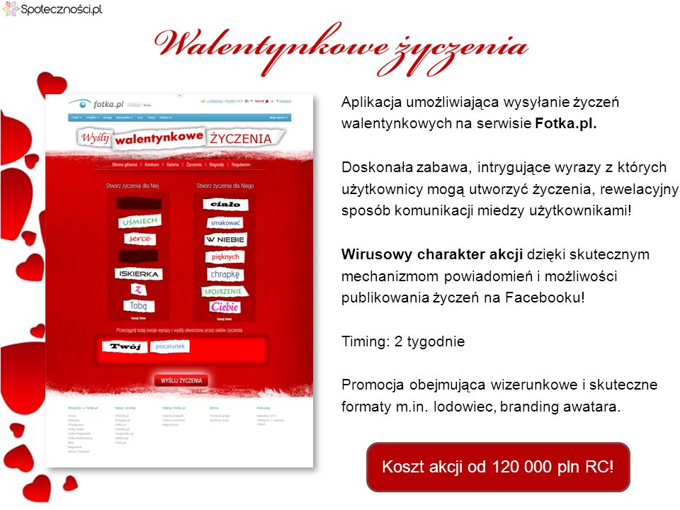 Aplikacja umożliwiająca wysyłanie życzeń walentynkowych na serwisie Fotka.pl.