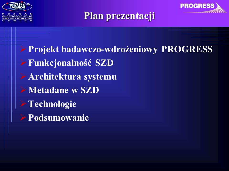 Plan prezentacji Projekt badawczo-wdrożeniowy PROGRESS Funkcjonalność SZD Architektura systemu Metadane w SZD Technologie Podsumowanie