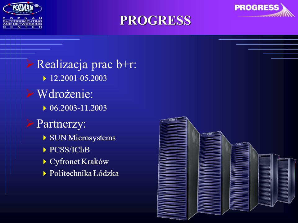 PROGRESS Realizacja prac b+r: Wdrożenie: Partnerzy: SUN Microsystems PCSS/IChB Cyfronet Kraków Politechnika Łódzka
