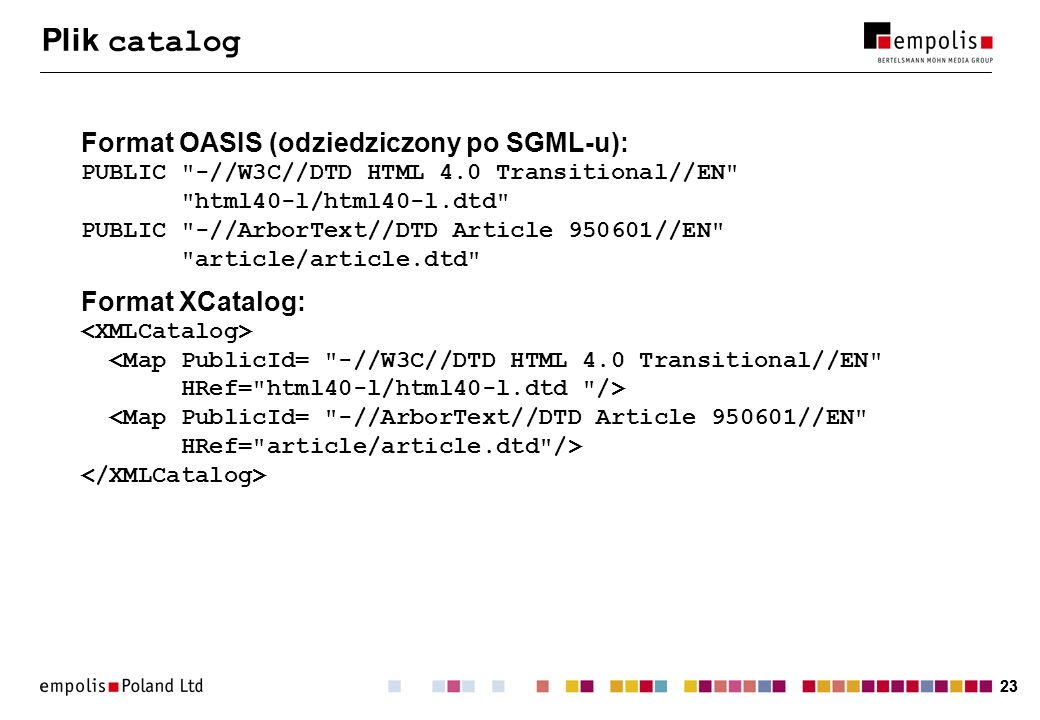 23 Plik catalog Format OASIS (odziedziczony po SGML-u): PUBLIC -//W3C//DTD HTML 4.0 Transitional//EN html40-l/html40-l.dtd PUBLIC -//ArborText//DTD Article //EN article/article.dtd Format XCatalog: