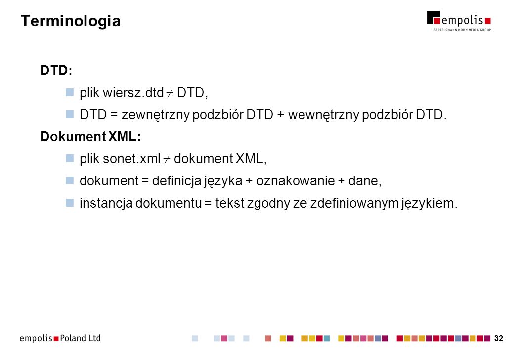 32 Terminologia DTD: plik wiersz.dtd DTD, DTD = zewnętrzny podzbiór DTD + wewnętrzny podzbiór DTD.