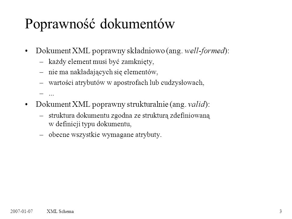XML Schema3 Poprawność dokumentów Dokument XML poprawny składniowo (ang.