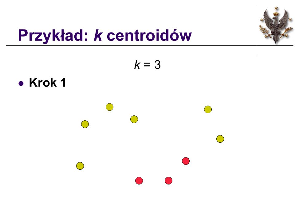 Własciwości metody k - centroidów Jakości klastrów zależą od wyboru początkowego układu centroidów.