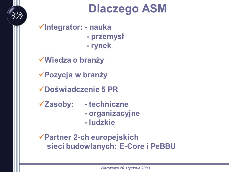 Warszawa 20 stycznia 2003 Dlaczego ASM Integrator: - nauka - przemysł - rynek Wiedza o branży Pozycja w branży Doświadczenie 5 PR Zasoby: - techniczne - organizacyjne - ludzkie Partner 2-ch europejskich sieci budowlanych: E-Core i PeBBU
