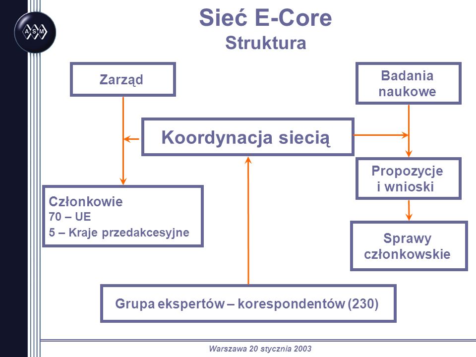 Warszawa 20 stycznia 2003 Sieć E-Core Struktura Zarząd Członkowie 70 – UE 5 – Kraje przedakcesyjne Koordynacja siecią Badania naukowe Propozycje i wnioski Sprawy członkowskie Grupa ekspertów – korespondentów (230)