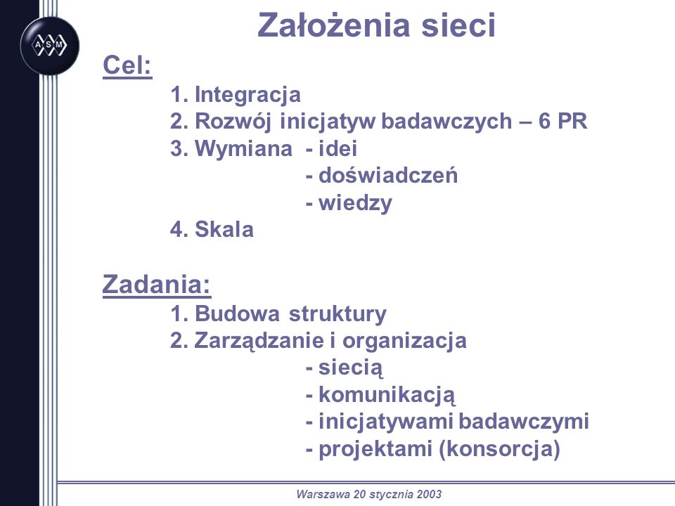 Warszawa 20 stycznia 2003 Założenia sieci Cel: 1. Integracja 2.