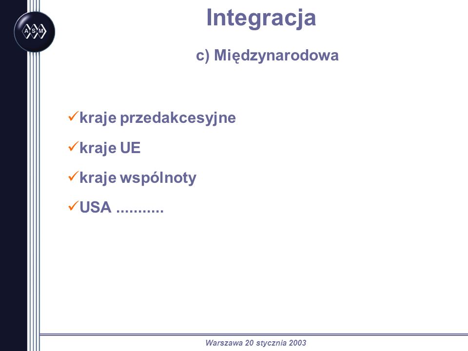 Warszawa 20 stycznia 2003 Integracja c) Międzynarodowa kraje przedakcesyjne kraje UE kraje wspólnoty USA