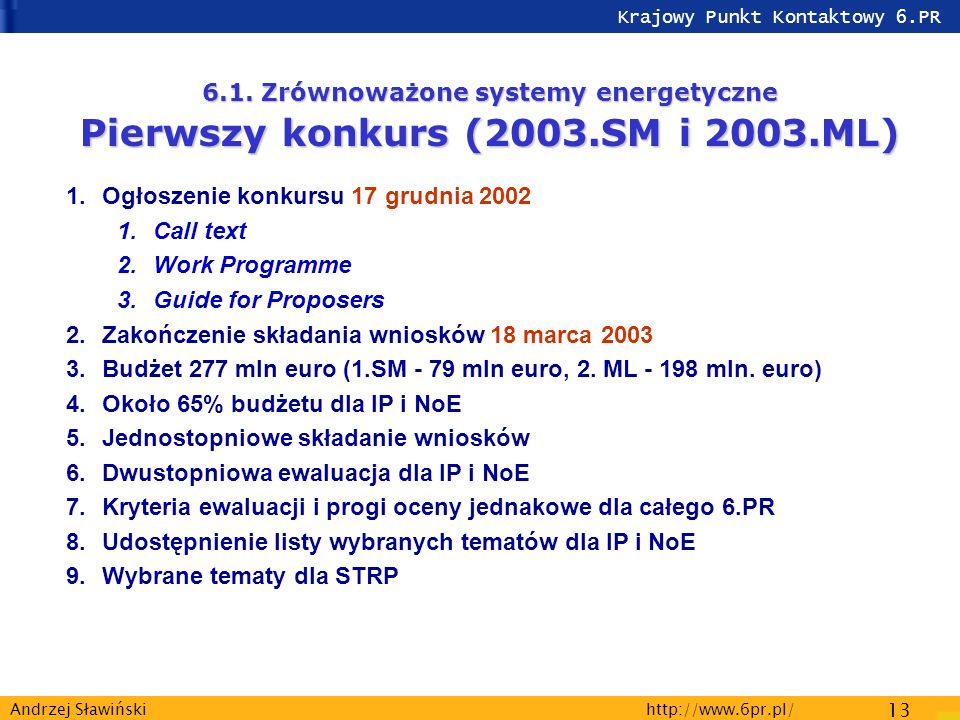 Krajowy Punkt Kontaktowy 6.PR   13 Andrzej Sławiński 6.1.