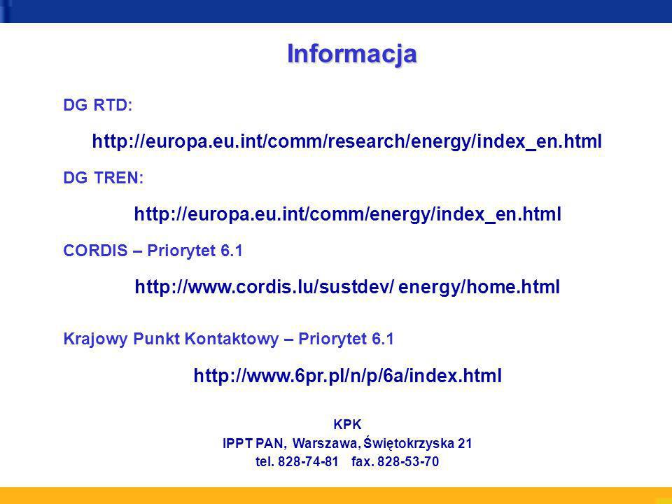 Informacja DG RTD:   DG TREN:   CORDIS – Priorytet energy/home.html Krajowy Punkt Kontaktowy – Priorytet KPK IPPT PAN, Warszawa, Świętokrzyska 21 tel.