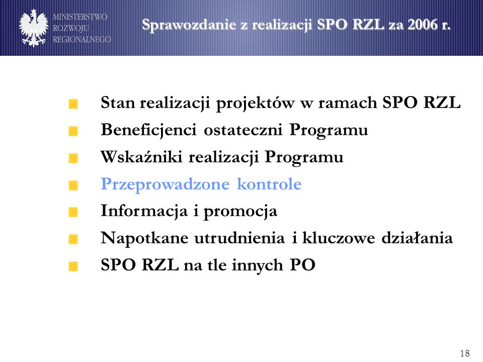 Stan realizacji projektów w ramach SPO RZL Beneficjenci ostateczni Programu Wskaźniki realizacji Programu Przeprowadzone kontrole Informacja i promocja Napotkane utrudnienia i kluczowe działania SPO RZL na tle innych PO Sprawozdanie z realizacji SPO RZL za 2006 r.